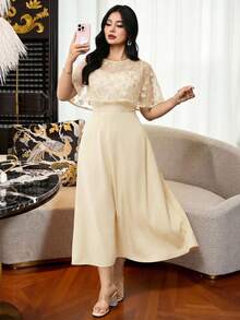 Modelyn 大码女式刺绣薄纱斗篷式优雅连衣裙，适合约会穿着 - 杏色 - 查看 9