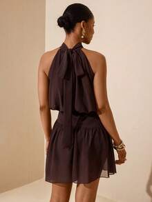 Vesra Vestido corto de mujer sin mangas con cuello de halter de gasa - Marrón Chocolate - Ver 2
