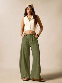 Easelle Olive Green Woven Wide Leg Cargo Pants For Women - Army Green - View 6