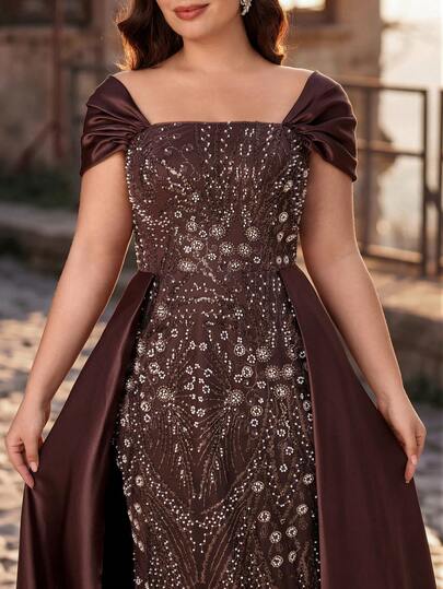 Aureia Vestido formal elegante y lujoso de talla grande con bordados de cuentas y parches de satén con hombros descubiertos y bajo de sirena, adecuado para todas las ocasiones formales, vestido de noche formal