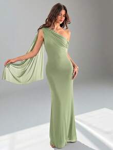 SHEIN Tall Đầm nữ thanh lịch màu trơn, thiết kế bất đối xứng vai, đầm sang trọng cho nữ, đầm dạ hội, đầm dự tiệc cưới mùa thu, đầm dự tiệc cưới cho nữ. - Màu xanh Bạc hà - Xem 1