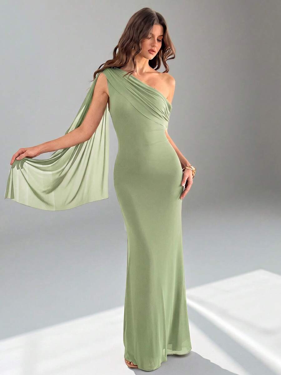 SHEIN Tall Đầm nữ thanh lịch màu trơn, thiết kế bất đối xứng vai, đầm sang trọng cho nữ, đầm dạ hội, đầm dự tiệc cưới mùa thu, đầm dự tiệc cưới cho nữ. - Màu xanh Bạc hà - Xem 1