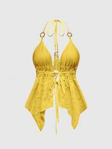 ROMWE Avant Conjunto de 2 piezas de top con tirantes finos y espalda descubierta, y shorts de burbuja de cintura baja, con decoración de cuentas de madera estilo Y2K para mujeres - Amarillo - Ver 6