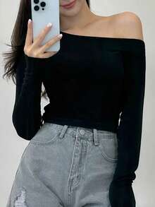 DAZY Solid Asymmetrical Neck Tee Long Sleeve Women Tops - Black - View 6