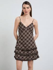 COUREZ Cami Mini Dress With Ruffle Details Y2K Grunge Vintage Retro 70s 2000s Summer Outfits For Women Brown Plaid Checkered Short Fall Rave Night Out Date - Black and White - View 6