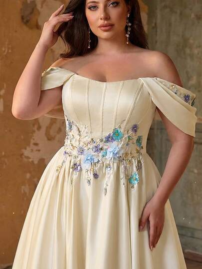 Aureia Vestido de novia de lujo para novia nueva, de línea A, con escote en U, hombros descubiertos, mangas colgantes, cintura con decoración de espina de pescado, lentejuelas de lujo y abertura alta, talla grande