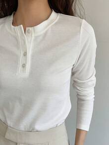 DAZY Quarter Button Rib Knit Tee,Fall Clothes Long Sleeve Women Tops - White - View 6