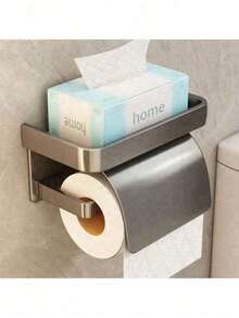1 Set Wall Mounted Toilet Paper Holder - Self-Adhesive, Large Roll Size, Gray/Black With Shelf, Suitable For Bathroom, Suitable For Various Bathroom Styles - Simple Atmosphere No-Punch Restroom Wall Mounted Tissue Holder Bathroom Decor Fall Decor - 1set - View 4