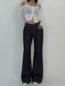 Joudiya Quần jeans ống loe màu xanh nhạt kiểu vintage dành cho nữ, quần ống đứng rộng rãi thoải mái, phù hợp cho lễ hội âm nhạc, kỳ nghỉ, dạo phố, công sở và trang phục thường ngày, mùa xuân và mùa hè. - Rửa tối - Xem 4