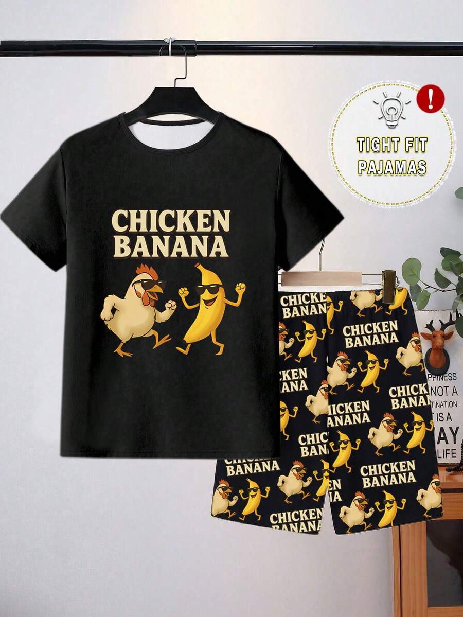 1 Set Teen Boys Snug Fit Pajamas, Video Game, Headphone, Football Graphic Print, Elastic Fabric, Round Neck Short Sleeve Shorts