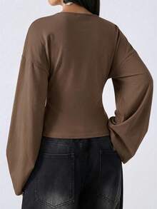 LYSMO 2026 Women's Minimalist Solid Color Bell Sleeve Casual Shirt, Suitable For Commuting, Christmas, New Year, Thanksgiving, Graduation And Other Occasions. Elegant, Stylish, And Perfect For Casual Wear At Home. Deep V-Neck Design In Coffee Brown Color.,Summer Top - Coffee Brown - View 2