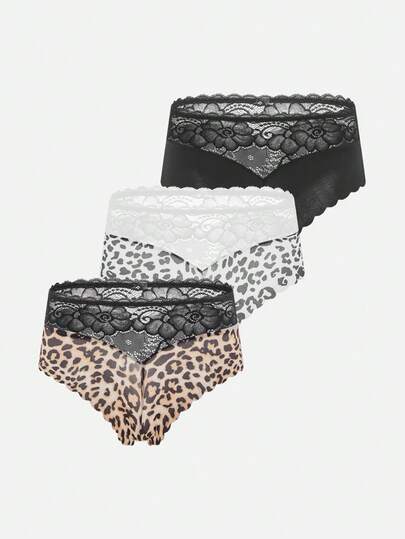 3pcs Women Sexy Lace Mid-Waist Leopard Print Comfortable Breathable Panties, Please Order One Size Up If Needed