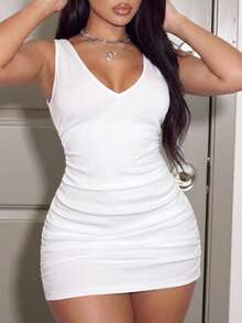 Slaydiva Spring/Summer New Deep V-Neck V-Back Ruched White Mini Dress For Women,All White,Summer,Girly,Club Party Outfits Tight Fit Sleeveless Dress - White - View 4
