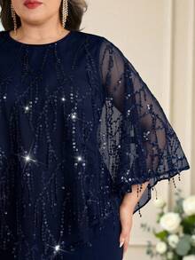 Modelyn Plus Size Solid Color Round Neck Raglan Casual Mesh Patchwork Sequin Decor Elegant 2-Piece Set - Navy Blue - View 6