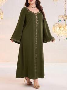Al Najma Plus Size Women's Rhinestone Embellished Elegant Arabic Style Evening Dress For Party - Army Green - View 5