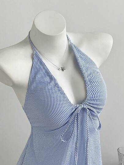Elamini 女士休闲条纹露背吊带连衣裙，夏季