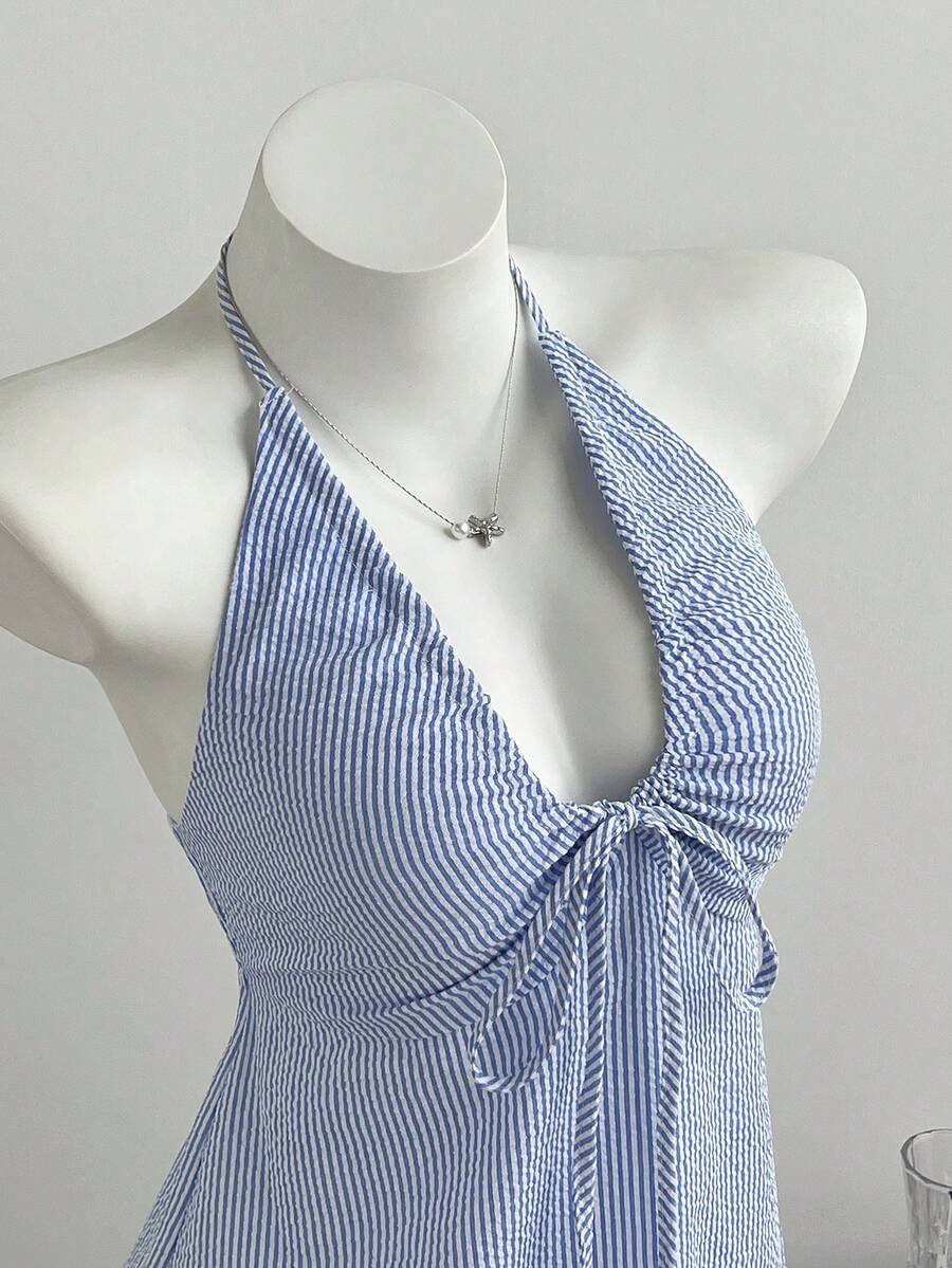 Elamini Women's Casual Striped Backless Halter Neck Dress, Summer - Blue and White - View 1