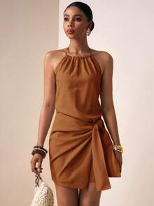 Zivah 2026 Spring,Summer Women's Rust Brown Linen Wrap-Up Mini Dress,Casual Vacation Holiday Boho Beach Airport Brunch Festivals Wedding Guest Attire - Redwood - View 7