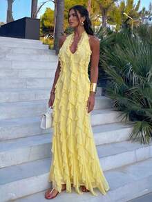 Firerie Vestido sin mangas con cuello halter, espalda descubierta y volantes de malla de color amarillo pálido sólido para mujer - Amarillo claro - Ver 2