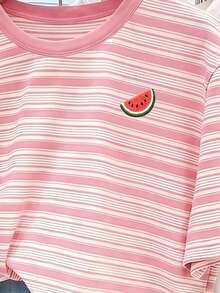 少女粉色夏季校園T恤，粉色與白色條紋西瓜刺繡圓領短袖上衣，可愛返校季上衣 - 彩色 - 查看 3