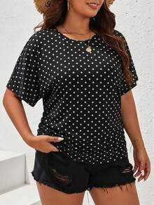 SHEIN Frenchy Áo thun nữ cỡ lớn cổ tròn màu đen họa tiết chấm bi, kiểu dáng thường ngày, áo đen, áo thun mùa hè, trang phục mùa hè, quần áo mùa hè - Đen và trắng - Xem 6