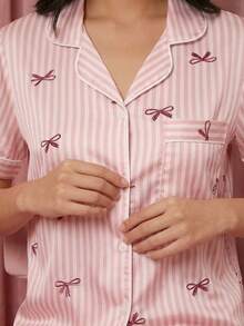 Zazumi 2-Piece Pajama Set Short-Sleeved Shorts Striped Bow Print Casual Women's Home Wear Set - Pink - View 5