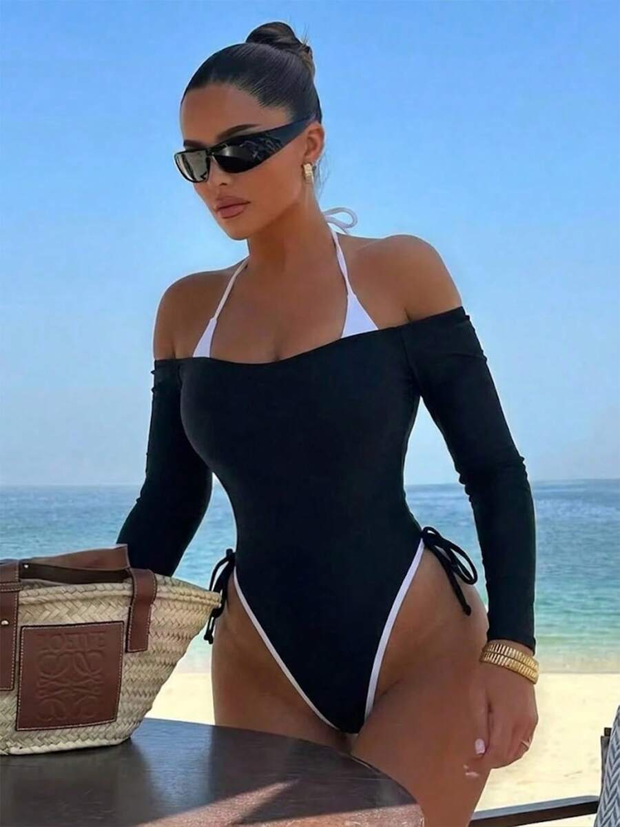 SHEIN Swim Fashionable Halter Neck 2 In 1 Black & White Color Side Tie Sports Beachwear, Spring/Summer - Black - View 1