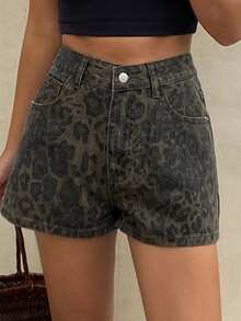 DAZY Women's Leopard Print Casual Denim Shorts - Army Green - View 4