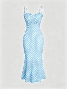 Sweetra Vestido de tirantes con estampado de lunares y bajo de cola de pez, elegante y de talla grande, para verano - Celeste - Ver 1