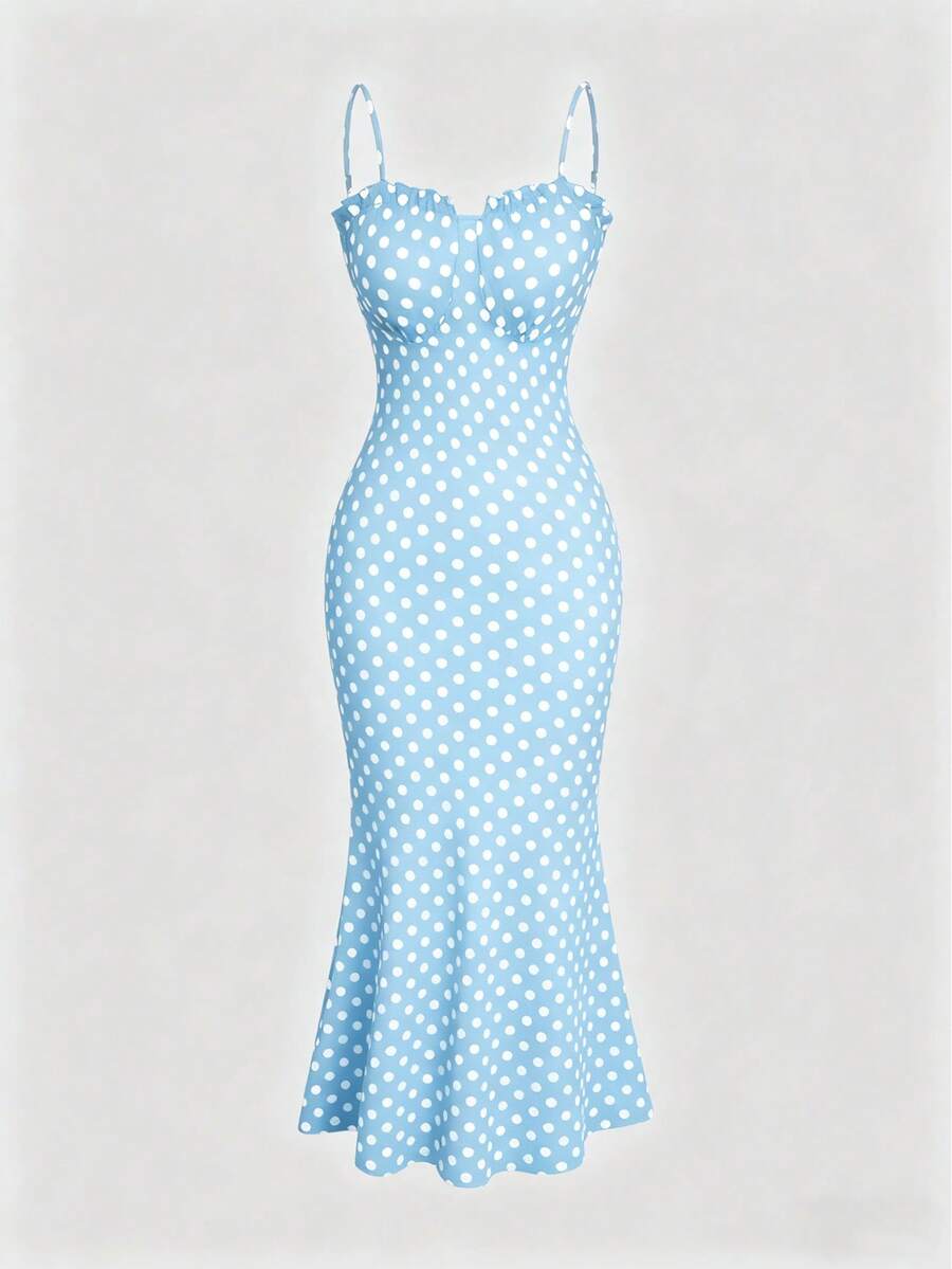 Sweetra Vestido de tirantes con estampado de lunares y bajo de cola de pez, elegante y de talla grande, para verano - Celeste - Ver 1