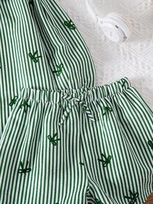 SHEIN 3件套女童编织条纹蝴蝶结装饰休闲衬衫+纯色针织背心+短裤套装 - 綠色 - 查看 5