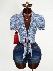Mistrie Quần short denim nữ kiểu dáng thường ngày, có túi và dây xích bên hông. - Màu xanh lam - Xem 5