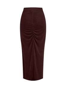 Ellevyn Scooped Neck Top And Pleated Slit Midi Skirt Set, Suitable For Daily Wear - Rust Brown - View 7