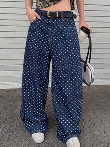 FRIFUL Jeans de pierna ancha con estampado de lunares sueltos y casuales para mujer - Azul - Ver 9