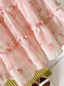 SHEIN Vestido de niña pequeña de estilo casual con estampado floral y decoración de lazo, adecuado para primavera, verano, otoño, uso en casa, vacaciones, fiestas y uso diario - Multicolor - Ver 4