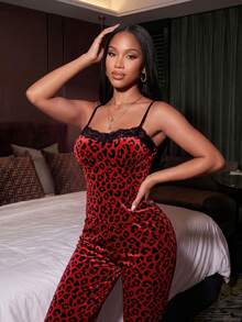 SHEIN Sweet Ins 撞色豹纹蕾丝拼接女士睡衣套装 - 黑紅色 - 查看 4