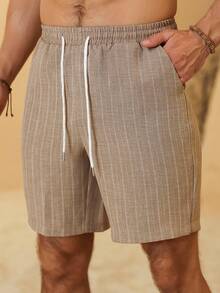 VENTUSAIL Men's Linen Casual Drawstring Shorts With Pockets,Blue And White Stripe,Summer,Beach,Holiday,Pinstripe Striped Resort Wear,Old Money Vintage Outfit - Khaki - View 7
