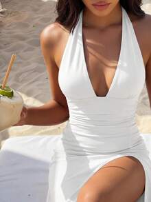 Bonvoyette Halter Neck Backless High Slit Fitted Dress For New Year Clothes Maxi Women Outfit Party - White - View 6