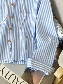 Resyla New Women Casual Loose Striped Hooded Long Sleeve Shirt - Blue - View 3