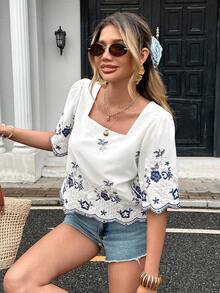 Serisse Women's Summer Casual Floral Embroidery Tie Back Blouse Elegant - Blue and White - View 3