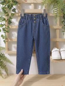 SHEIN Cô gái trẻ giản dị Boho Daily Dark Wash Bìa mềm có túi phẳng eo Quần jean mẹ - Rửa tối - Xem 4