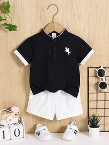 SHEIN 2pcs/Set Baby Boy Black And White Knit Polo Shirt And Woven Shorts,Summer Casual Page Boy Back-To-School Outfit For Outings,Gatherings,Performances - Multicolor - View 5