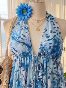 Comfortcana Plus Size Women Brown Halter Neck Tie Ruffle Hem Blouse, Spring/Summer Holiday Beach Gym Vacation Party Boho - Blue - View 6