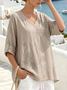 Faunlyn Camisa de mujer con cuello en V y estampado floral, de uso casual y versátil para el día a día - Caqui - Ver 7