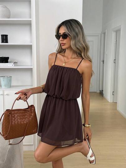 Easowa Ruched Sheer Chiffon Flowy Camisole Dress, Chocolate Brown Casual Loose Elegant Commuter Vintage Style Summer Dress For Women,Summer Dresses For Women