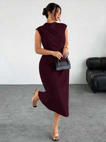 Firerie Plus Size Women's Elegant Ruched Cap Sleeve Split Hem Dress, Suitable For Dates Wedding And Formal Events Burgundy Summer - Red Violet - View 6