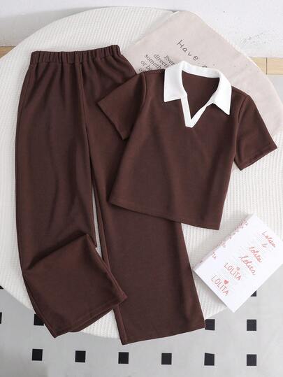 SHEIN Conjunto de camiseta de manga raglán con cuello redondo y pantalones rectos de punto con ribete de contraste caqui y blanco, uso diario versátil y casual para niñas preadolescentes