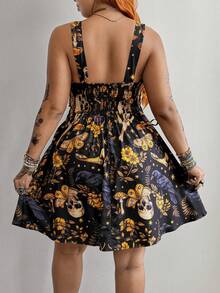 Sunspun Western Style Gothic Versatile Holiday Dreamlike Printed Patchwork Ruffle Tie-Up Waist Slip Dress With Front Zipper Decor Mini Skirt For Women - Multicolor - View 2