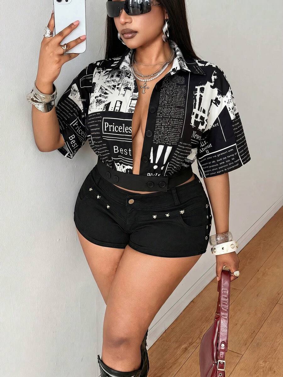 Maweii Plus Size Women Summer Casual Turndown Collar Shirt, Suitable For Daily, Party, And Vacation Wear - Black and White - View 1