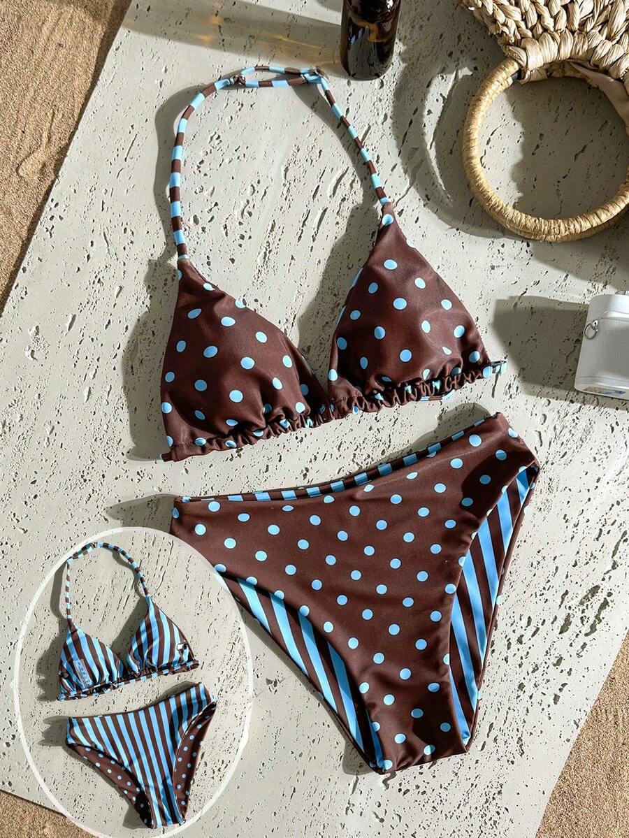 SHEIN 少女款吊带比基尼,夏季海滩度假棕色和蓝色波点条纹图案 - 棕色 - 查看 1